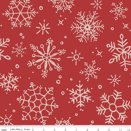 "Magical Winterland Snowflake Barn Red" 108" Wide Back- 3yd Cut