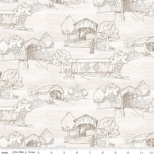 "Covered Bridges In Spring Toile White" 108" Wide Back- 1/2 yard